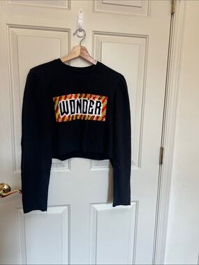 Zara Black Cropped Sweater with Red and Yellow Embellished 'WONDER' Patch